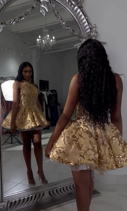 Cute A Line Halter Sequin Short Gold Homecoming Dresses