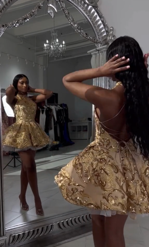 Cute A Line Halter Sequin Short Gold Homecoming Dresses