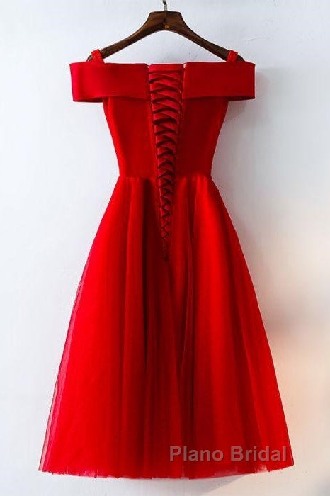Cute A Line Off Shoulder Short Red Lace Formal Prom Dresses, Short Red Bridesmaid Dresses, Graduation Dresses