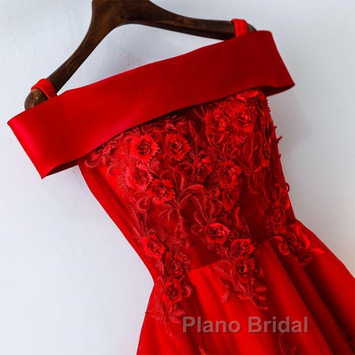Cute A Line Off Shoulder Short Red Lace Formal Prom Dresses, Short Red Bridesmaid Dresses, Graduation Dresses