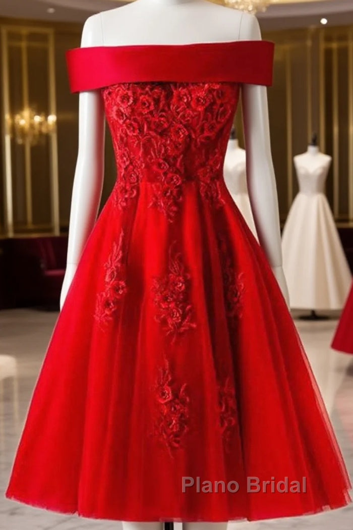 Cute A Line Off Shoulder Short Red Lace Formal Prom Dresses, Short Red Bridesmaid Dresses, Graduation Dresses Main image