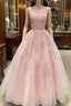 Cute A Line Pink Lace Appliques Lace Formal Prom Dresses
