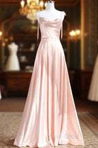 Cute A-Line Pink Satin Straps Sweetheart Formal Prom Dresses, Pink Satin Party Dresses Evening Dresses