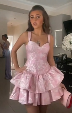Cute A Line Pink Straps Short Summer Birthday Dresses Hoco Dresses Birthday Outfit 19Th Birthday Mini Party Dresses