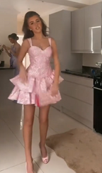 Cute A Line Pink Straps Short Summer Birthday Dresses Hoco Dresses Birthday Outfit 19Th Birthday Mini Party Dresses