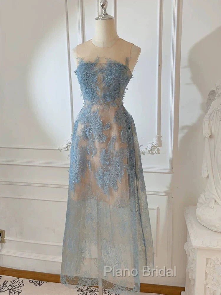 Cute A Line Scoop Neckline Lace Blue Formal Prom Dresses Evening Dresses