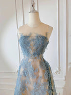 Cute A Line Scoop Neckline Lace Blue Formal Prom Dresses Evening Dresses