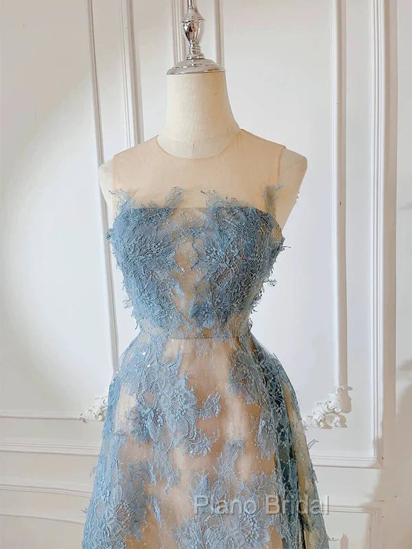 Cute A Line Scoop Neckline Lace Blue Formal Prom Dresses Evening Dresses