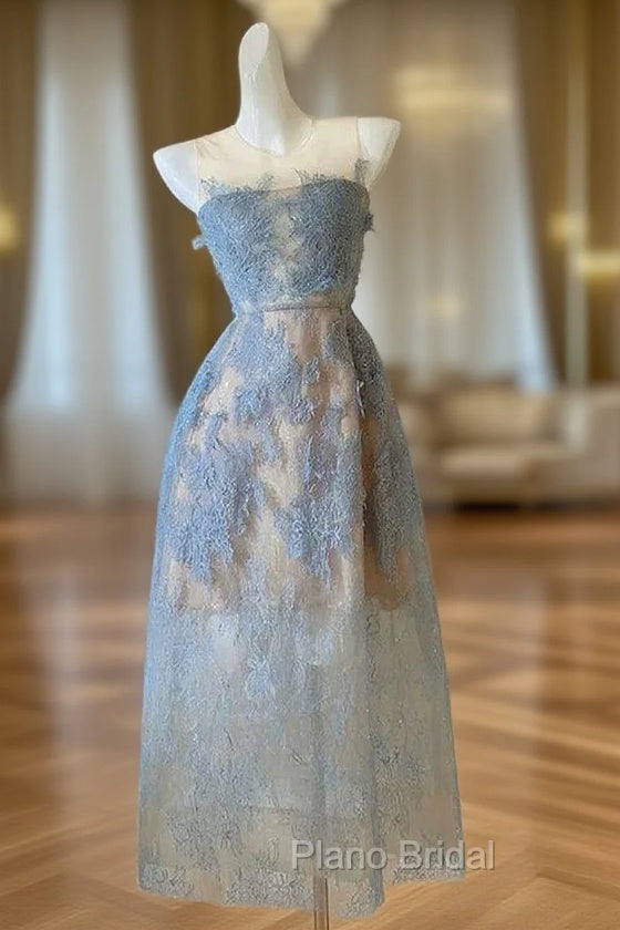 Cute A Line Scoop Neckline Lace Blue Formal Prom Dresses Evening Dresses