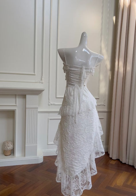 Cute A Line Spaghetti Strap Tiered Pearl White Lace Party Dresses Formal Evening Dresses