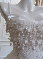 Cute A Line Spaghetti Strap Tiered Pearl White Lace Party Dresses Formal Evening Dresses