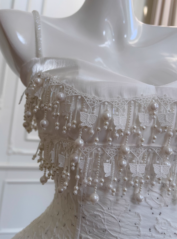 Cute A Line Spaghetti Strap Tiered Pearl White Lace Party Dresses Formal Evening Dresses