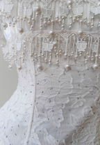 Cute A Line Spaghetti Strap Tiered Pearl White Lace Party Dresses Formal Evening Dresses
