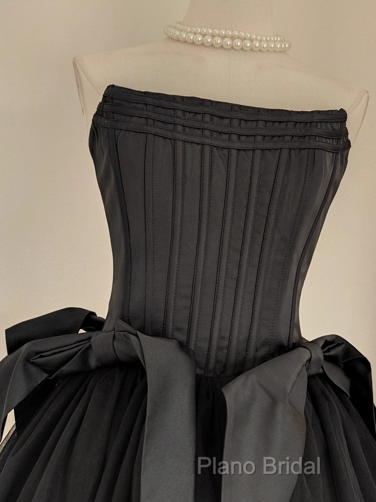 Cute A Line Strapless Black Travel Vacation Dresses Short Satin Birthday Dresses Secondary image