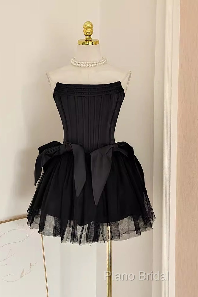 Cute A Line Strapless Black Travel Vacation Dresses Short Satin Birthday Dresses
