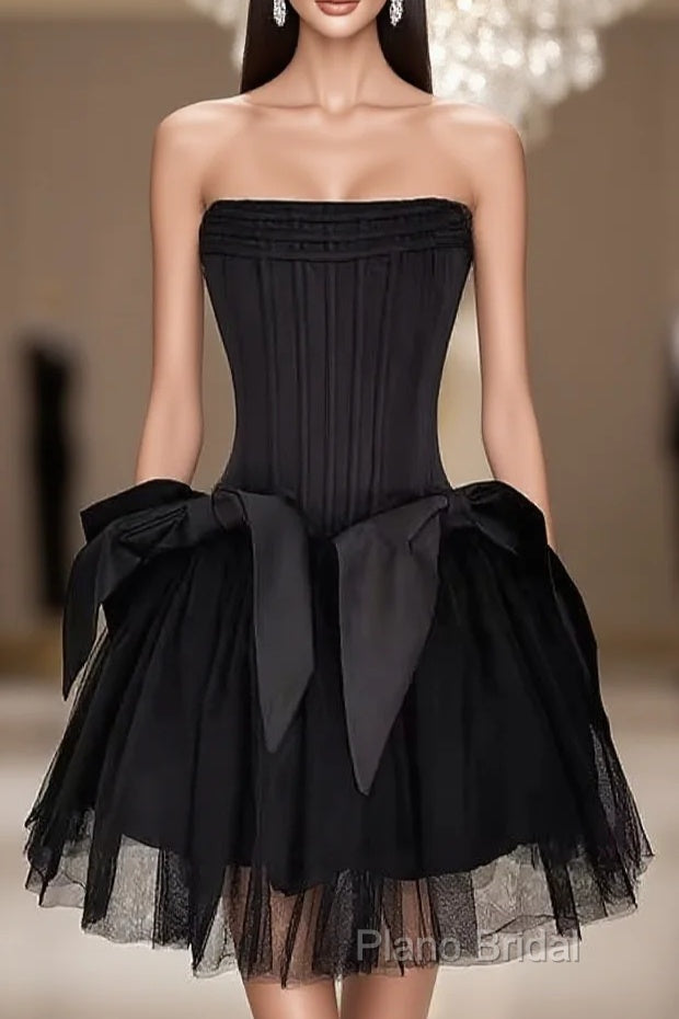 Cute A Line Strapless Black Travel Vacation Dresses Short Satin Birthday Dresses Main image