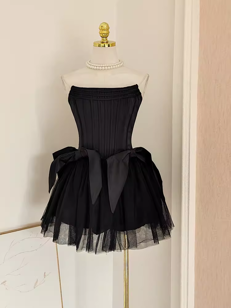 Cute A Line Strapless Black Travel Vacation Dresses Short Satin Birthday Dresses Main image