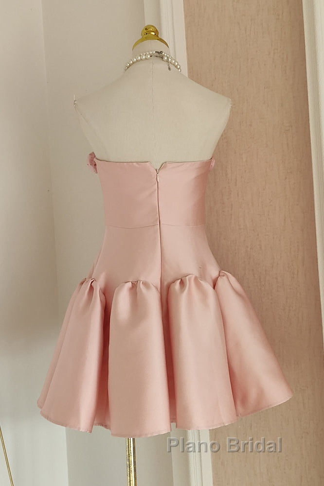 Cute A Line Strapless Pink Satin Travel Vacation Dresses Short Birthday Dresses Secondary image