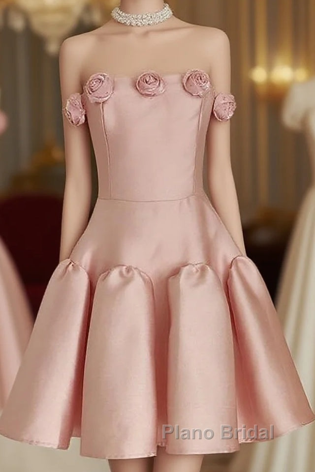 Cute A Line Strapless Pink Satin Travel Vacation Dresses Short Birthday Dresses Main image