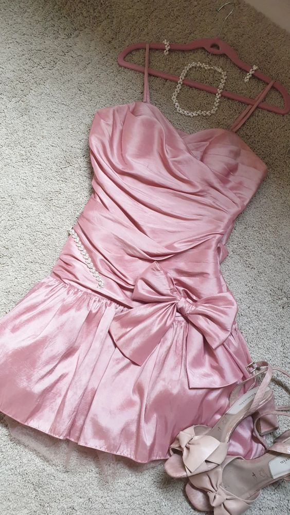 Cute A Line Straps Pink Satin Homecoming Dresses Short Birthday Dresses With Bow Main image