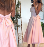 Cute A Line Straps Pink Satin Tea Length Formal Prom Dresses With Bow