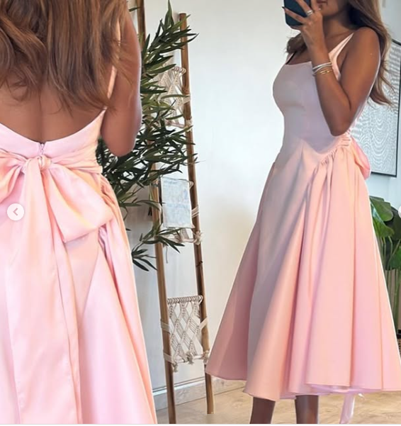 Cute A Line Straps Pink Satin Tea Length Formal Prom Dresses With Bow