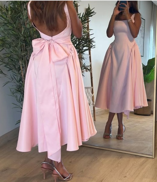 Cute A Line Straps Pink Satin Tea Length Formal Prom Dresses With Bow