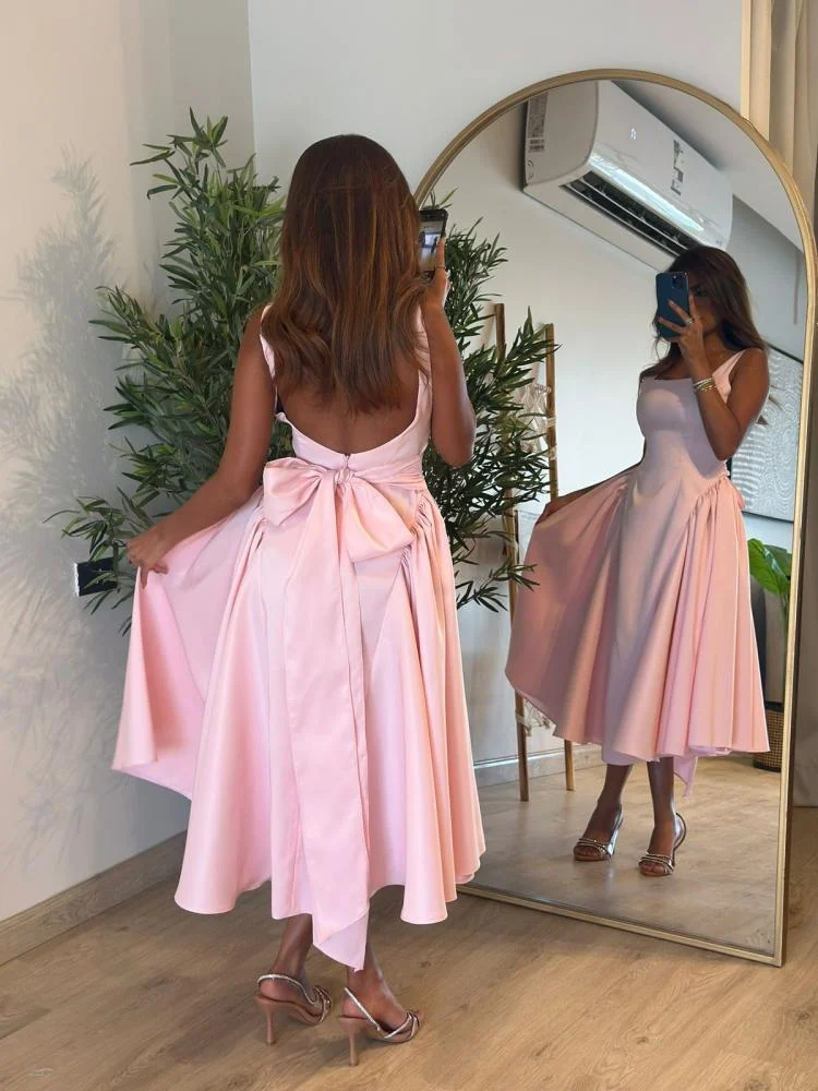 Cute A Line Straps Pink Satin Tea Length Formal Prom Dresses With Bow