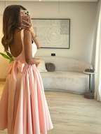 Cute A Line Straps Pink Satin Tea Length Formal Prom Dresses With Bow