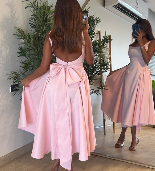 Cute A Line Straps Pink Satin Tea Length Formal Prom Dresses With Bow