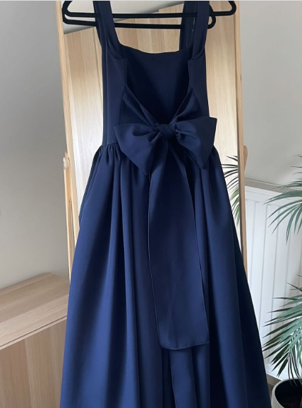 Cute A Line Straps Pink Satin Tea Length Formal Prom Dresses With Bow