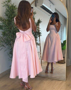 Cute A Line Straps Pink Satin Tea Length Formal Prom Dresses With Bow