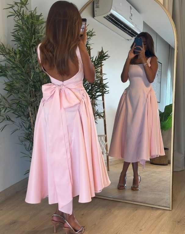 Cute A Line Straps Pink Satin Tea Length Formal Prom Dresses With Bow
