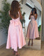 Cute A Line Straps Pink Satin Tea Length Formal Prom Dresses With Bow