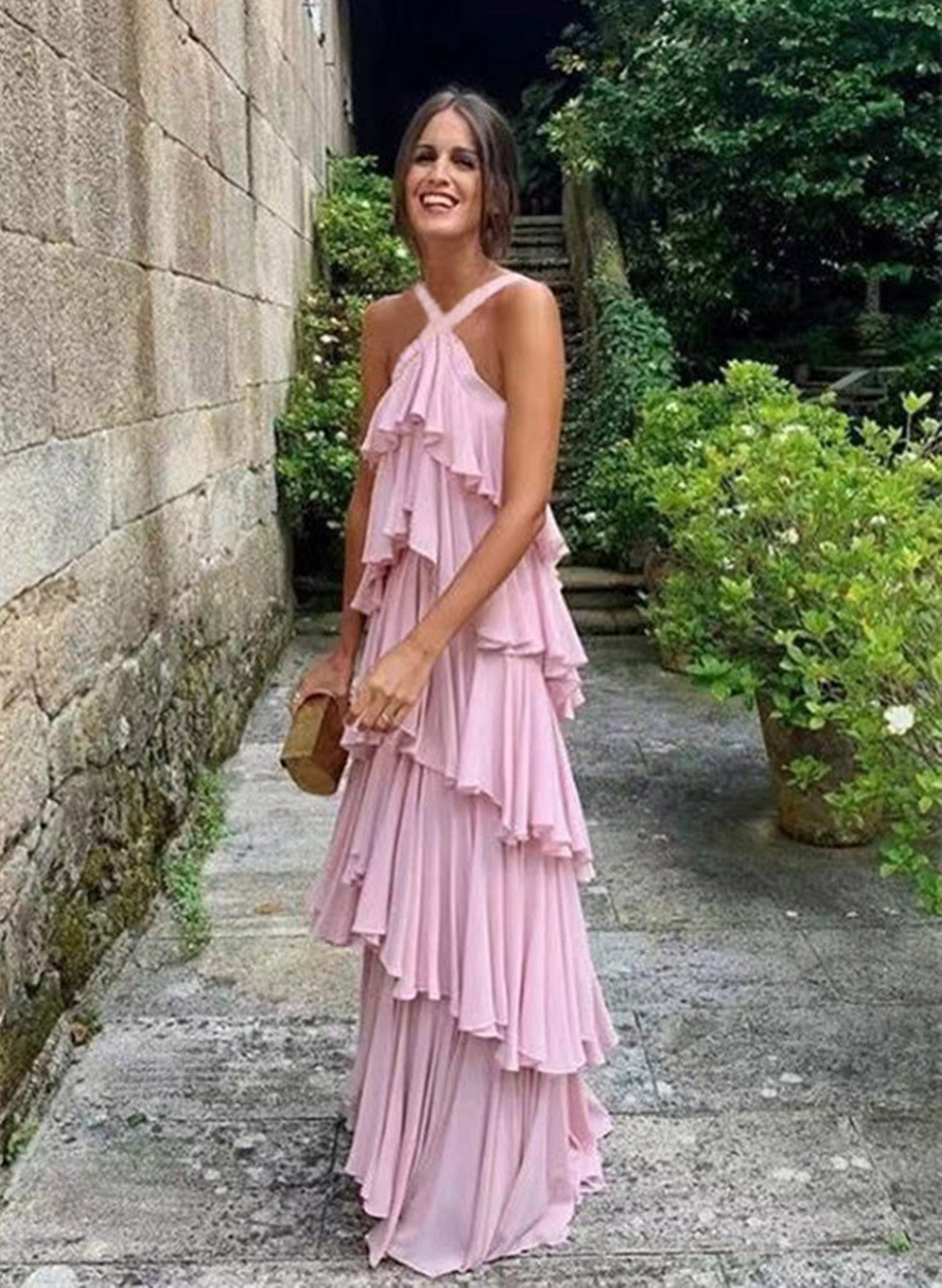 Cute A Line Straps Tiered Chiffon Long Formal Prom Dresses, Pink Bridesmaid Dresses Main image