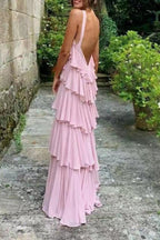 Cute A Line Straps Tiered Chiffon Long Formal Prom Dresses, Pink Bridesmaid Dresses