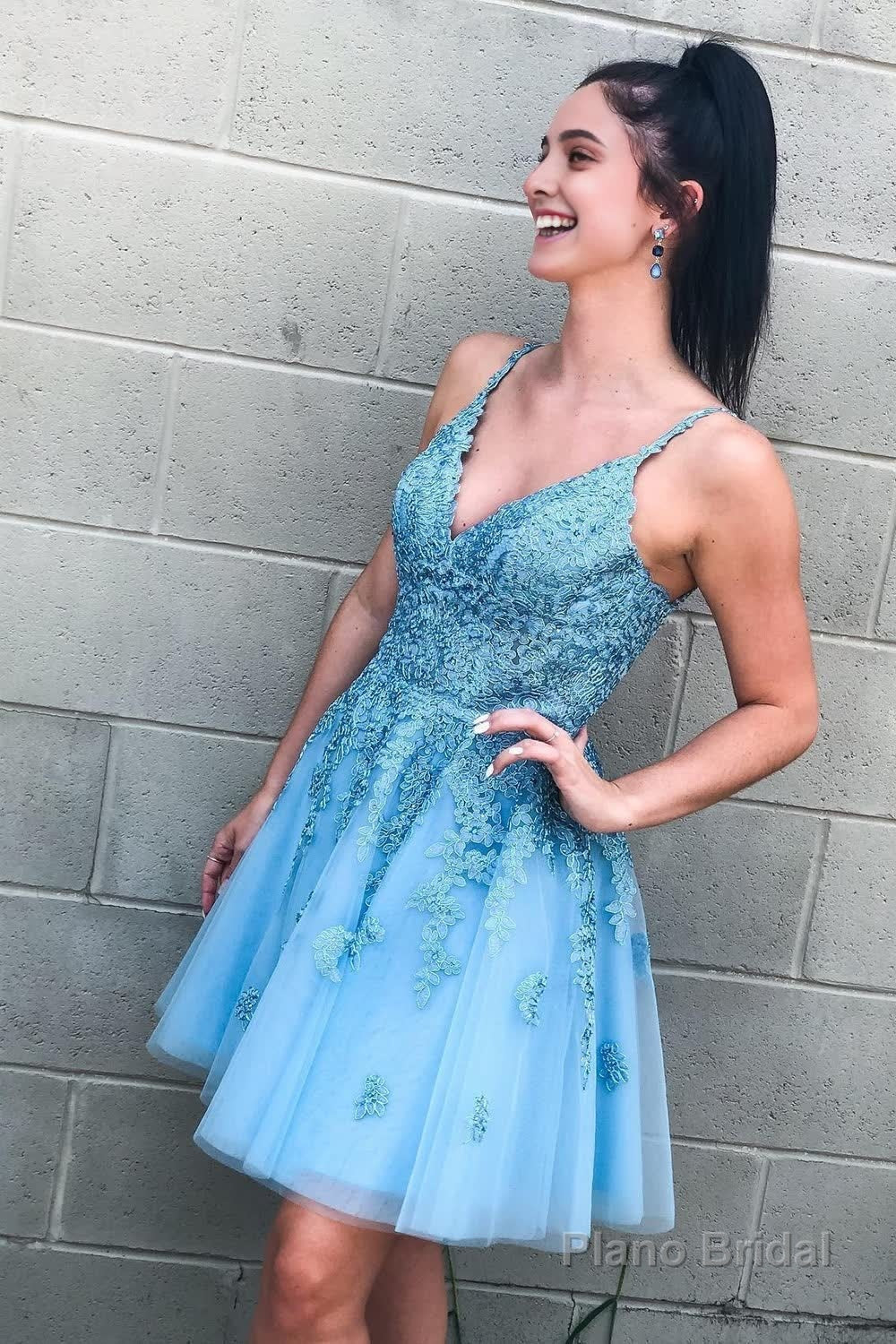 Cute A Line V Neck Light Blue Short Homecoming Dress with Appliques Main image