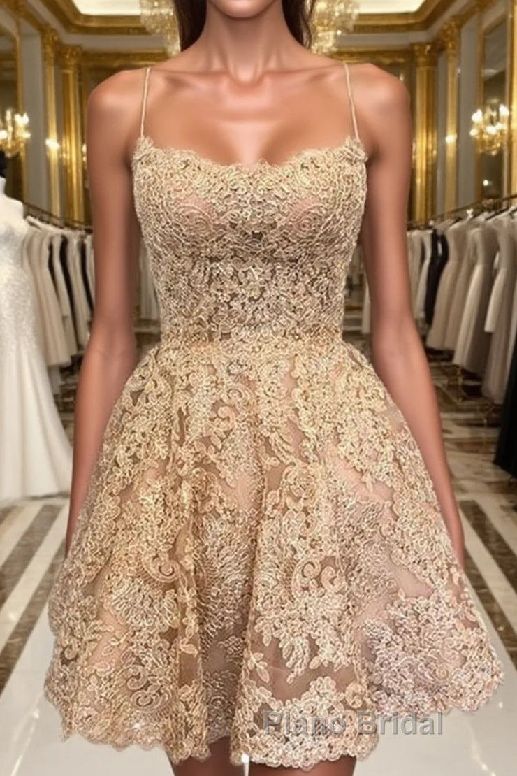 Cute Backless Short Golden Lace Formal Prom Dresses, Golden Lace Homecoming Dresses, Short Golden Formal Evening Dresses Main image