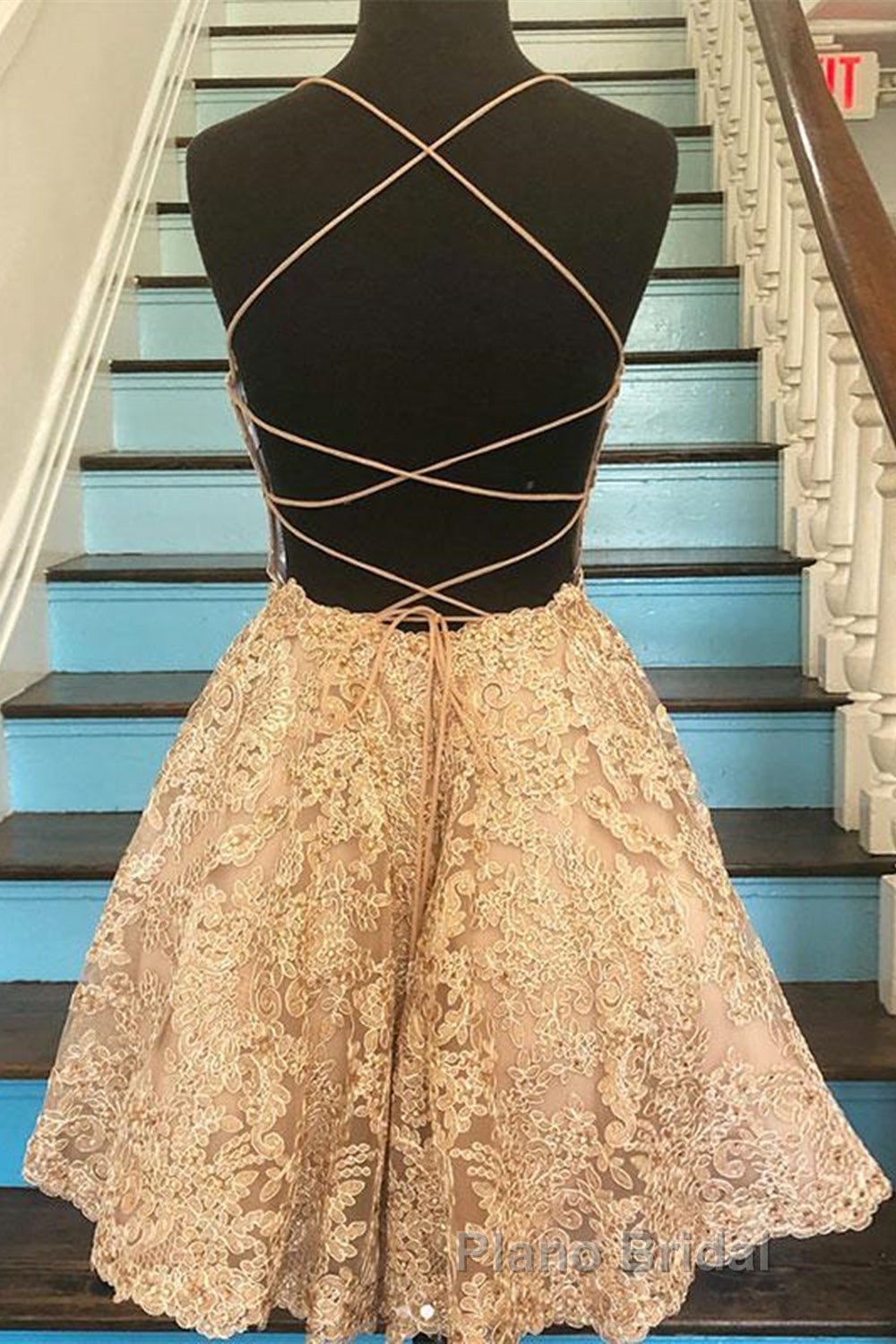 Cute Backless Short Golden Lace Formal Prom Dresses, Golden Lace Homecoming Dresses, Short Golden Formal Evening Dresses