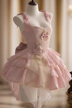 Cute Ball Gown Straps Sleeveless Short Pink Birthday Dresses Birthday Outfits