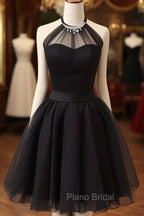 Cute Black Tulle Halter Short Homecoming Dresses, Black Formal Prom Dresses