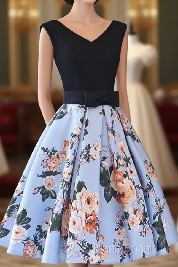 Cute Blue Floral And Black Satin Homecoming Dresses In Stock, Lovely Party Dresses For Teens Main image
