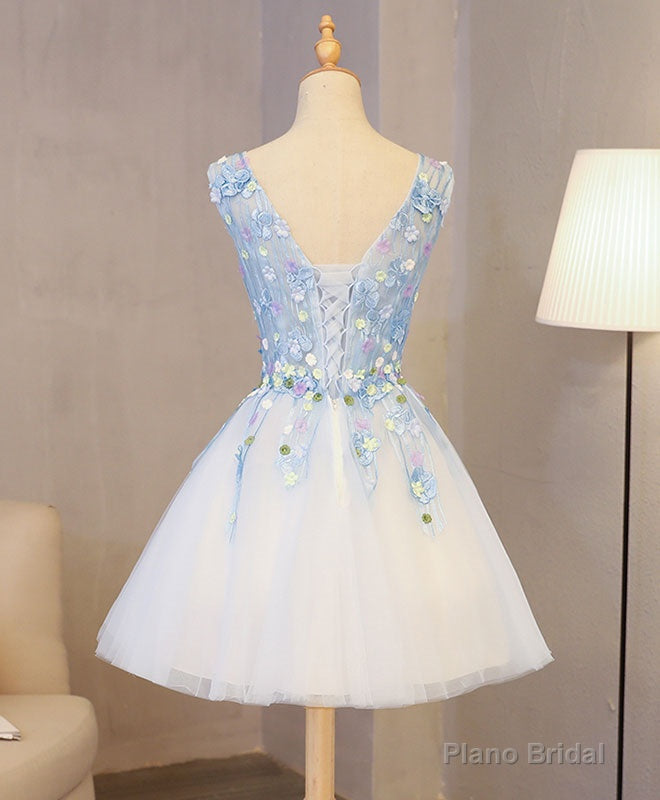 Cute Blue Lace Applique Short Prom Dress, Homecoming Dress Main image