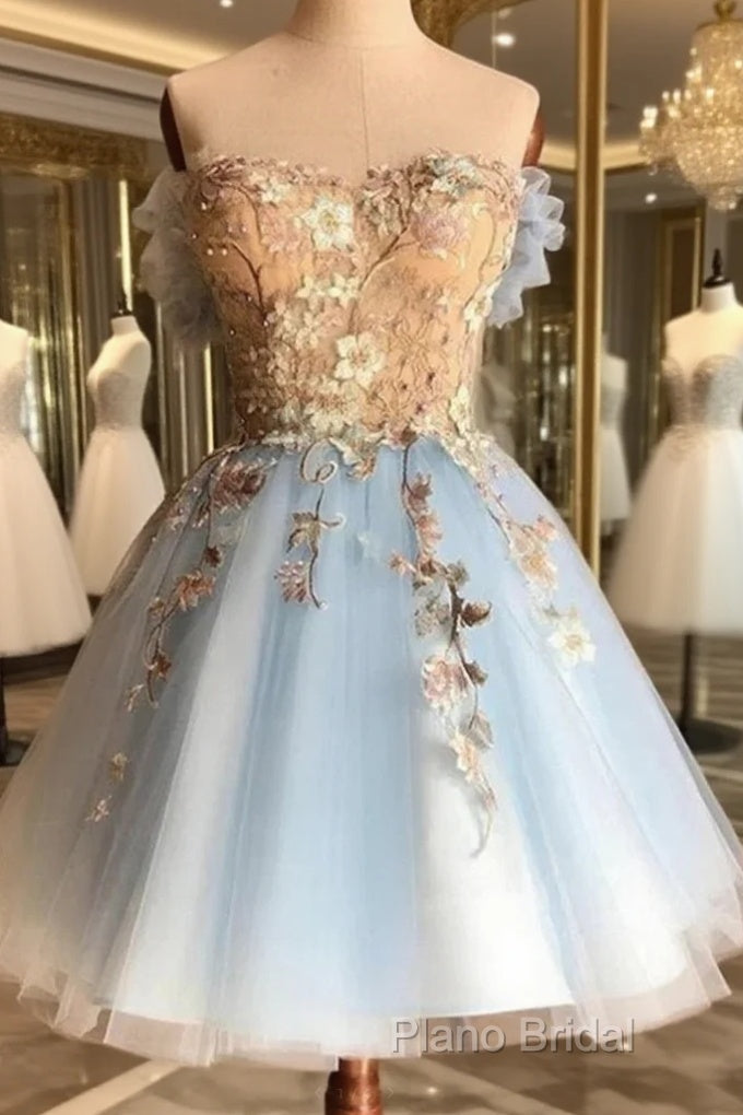 Cute Blue Lace Applique Top Off Shoulder Party Dresses, Blue Homecoming Dresses Main image