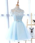Cute Blue Lace Tulle Short Prom Dress. Cute Homecoming Dress