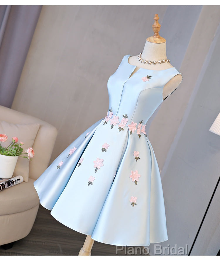Cute Blue Satin Short Homecoming Dresses Party Dresses, Blue Formal Prom Dresses With Flowers Secondary image