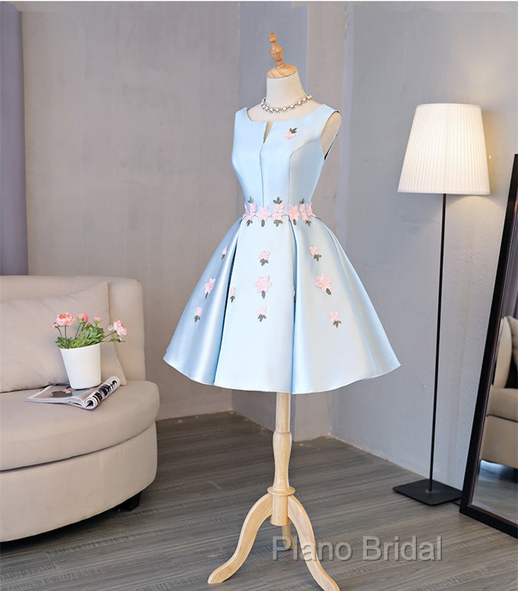 Cute Blue Satin Short Homecoming Dresses Party Dresses, Blue Formal Prom Dresses With Flowers