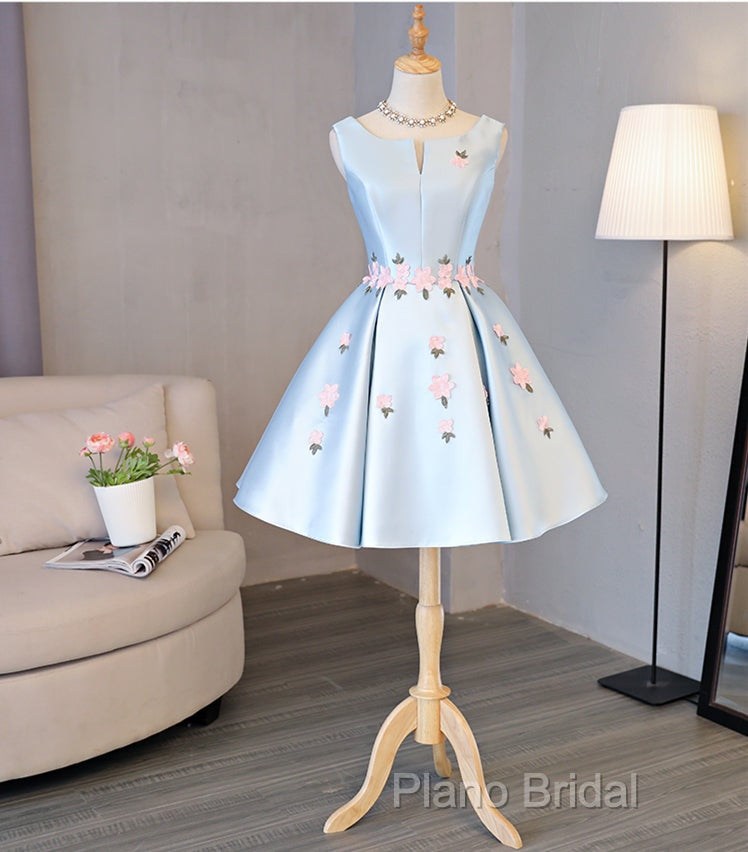 Cute Blue Satin Short Homecoming Dresses Party Dresses, Blue Formal Prom Dresses With Flowers