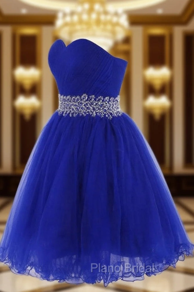 Cute Blue Sweetheart Tulle Cocktail Dresses Homecoming Dresses With Beading, Short Formal Prom Dresses Main image