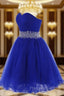 Cute Blue Sweetheart Tulle Cocktail Dresses Homecoming Dresses With Beading, Short Formal Prom Dresses